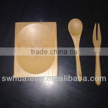 bamboo dessert dish with spoon and fork