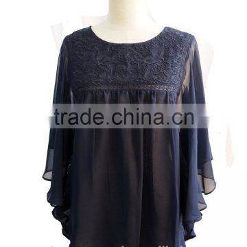 Sexy Chiffon Fluffy Bat Sleeve With Floral Embroidery Design Ladies Blouse Top photo-3