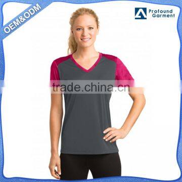 t shirt woman two tone v-neck blank dri fit 100% polyester spandex wholesale blank sport new pattern t-shirts nline shopping