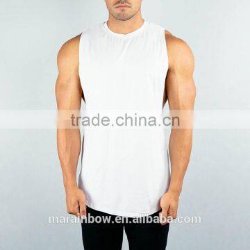 OEM Slim Fit White Plain Mens Cut off Gym Shirt Deep Cut Longline Curved Hem T Shirt With Side Split photo-4