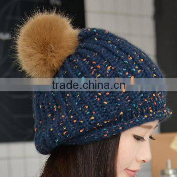 girls ladies woolen speckled knitted fur ball top winter hats with pom poms