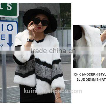 Trendy Rabbit Fur Coats For Women Winter Warm Natural Real Fur Coat Short Patchwork Strip Korean Style O-neck Jackets Customized photo-2