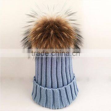 Myfur Baby Blue Wholesale Natural Raccoon Fur Bobble Knitted Beanie Cap Wholesale