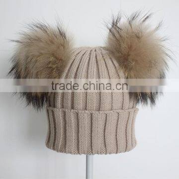 Myfur Cute Double Raccoon Fur Pom Poms Attached Ribbed Knitting Hat Wholesale