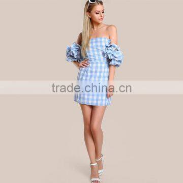Cute Frill Puff Sleeve off the Shoulder Blue Gingham Mini Dress photo-5