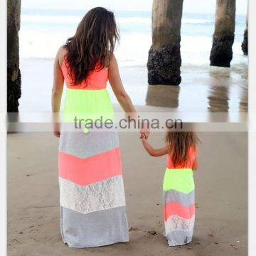 Women Fluorescent Color Beach Long Dress Cute Mommy Daughter Maxi Dress