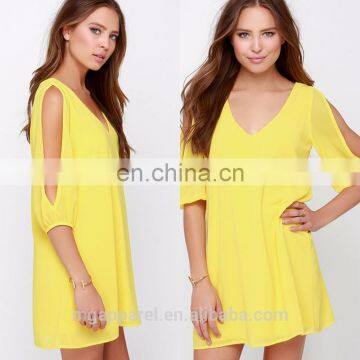 OEM Service Yellow Cut Out Long Sleeve Shift Dress Sexy Dress Club Wear