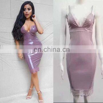 Women Clothing Faux Leather Sexy Strap Sleeveless Cocktail Midi Bodycon Dress