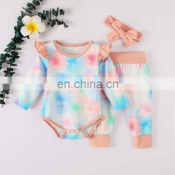 Explosive long-sleeved romper + trousers + headband 3 sets of tie-dye printing