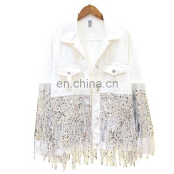 TWOTWINSTYLE Korean Heavy Patchwork Sequin Tassel Women's Jackets Lapel Collar Long Sleeve Oversize Denim Coat