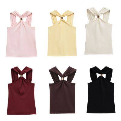 Spring new neck hanging top, European and American sexy backless vest for women
