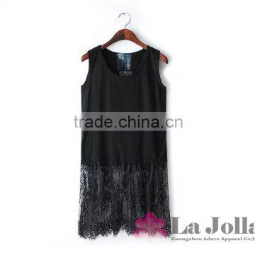 Ladies Fashion Sleeveless Long Blouse Black Lace Stitching Rayon Cotton Long Tail t Shirt