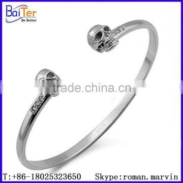 Fashion vintage style open end skull head cuff bangle bracelet,hot sale skull bracelet