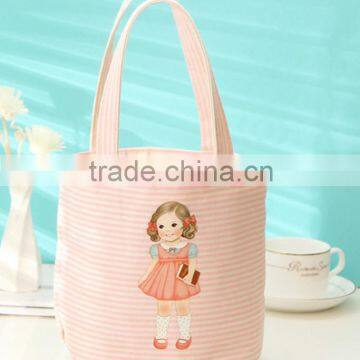 2016 lovely girl striped design canvas Lunch bag for girl