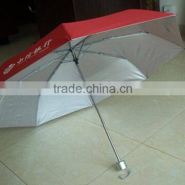 2015 21inches*8panel,3 folding promotional umbrella,safty manual open, fabric with silver coated