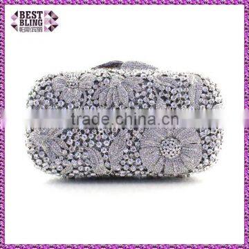 silver flower hot women fashion clutch silver crystal stone evening bag (8623A-S)