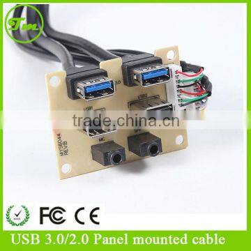 High quality dual usb 3.0 & usb 2.0 female panel mounted cable with audio port