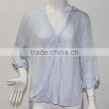 Factory Ladies Summer Tops Charming Cotton Long Sleeve Blue Blouse photo-2