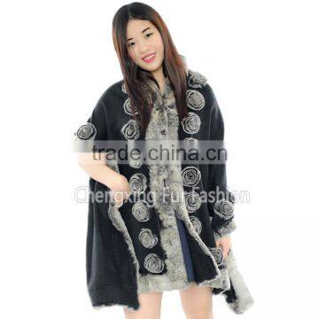 CX-B-P-40E Rostte Ladies Genuine Rex Rabbit Fur Trimmed Pashmina Shawls photo-3