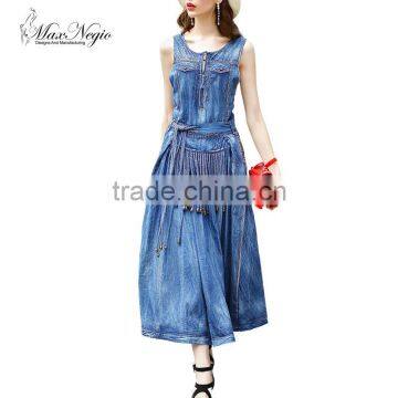 Maxnegio 2017 denim maxi blue backless prom dresses with tassel