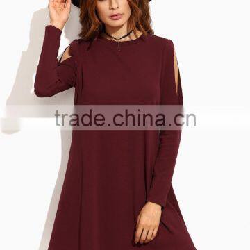 Burgundy Open Shoulder Swing Dress Cotton Polyester Blend Long Sleeve Casual Dress photo-3