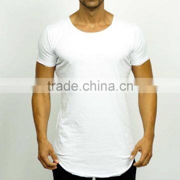 Stylish 95% Cotton 5% Elastane Mens Lengthened T Shirt White Plain Scoop Neck T Shirt Longline Curved Hem Short Sleeve T Shirt