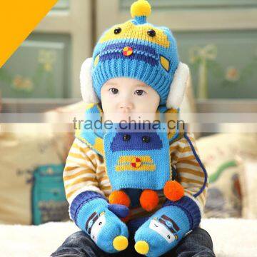 TC13003 Cheap Cute Fashion Baby Pom Pom Winter Beanie and Scarf and Knitted Animal Mitten Set Wholesale Baby 3pcs Set photo-2