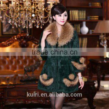 Hot Selling Korean Real Rex Rabbit Fur Coat With Raccoon Fur Collar Low Price Pc-140 photo-2