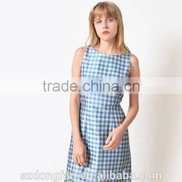 Women Summer Blue Gingham Dress Vintage Sleeveless Dress For Girls photo-2