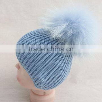 Myfur Customized Baby Knitted Hat with Genuine Dyed Raccoon Fur Pom Poms