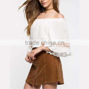 Short Sleeve Plain Textured Woven Women off Shoulder Blouse photo-2