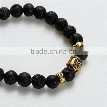 New Fashion Stone Lava Beaded Healing Bracelet Black Gold Tone Antique Gold Buddha Statue Head Elastic 22.5cm Long photo-2