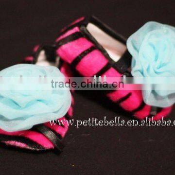 Hot Pink Zebra Shoes With Light Blue Rosettes Pettishoes Crib Shoes MAS24