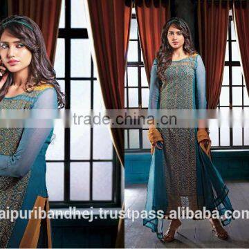 Designer Azure Blue, Orange color Chiffon Faux Georgette Fabric Salwar Kameez