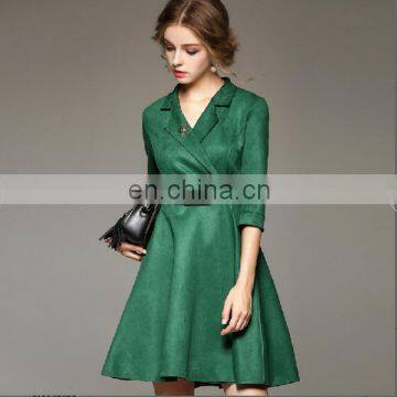 Latest fashion turn-down collar autumn dress/casual women's faux suede dress with belt for OEM