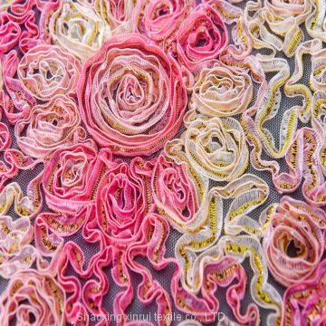 fancy 3d flowers embroidery fabric pink tulle lace