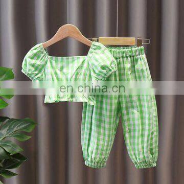 Girls 2020 new summer dress super western short-sleeved suit summer girl baby bubble sleeve plaid pants two-piece suit