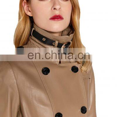 Women Lambskin Leather Double Breasted Long Jacket Coat With Belt photo-5