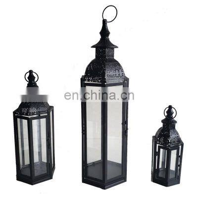 2021 Set of 3 large black moroccan iron candle stick lantern candle holder hexagonal lantern decoration iron candle holder for home