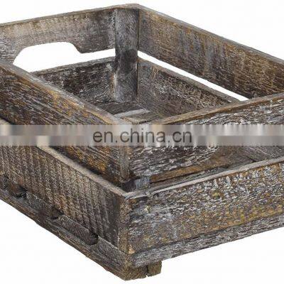 Set of 2 Country Rustic Finish Wood Storage Crate Decorative Tray Carrier Boxes w Handles photo-2