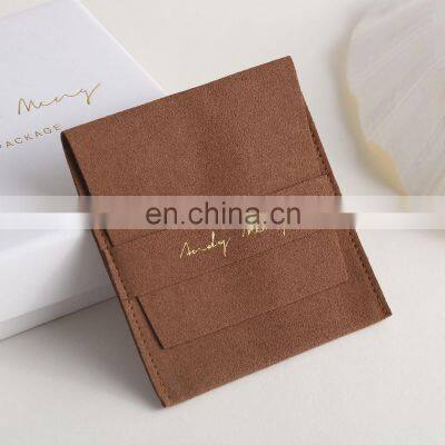 PandaSew 8x8cm Brown Microfiber Deboss Print Logo Jewelry Pouch with Band Packaging Bag with Custom Logo