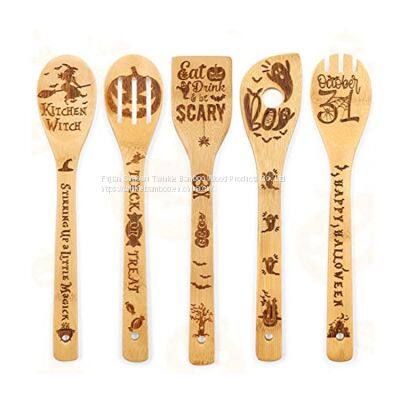 Halloween idea gift bamboo wood utensil set burn 5pcs bamboo cooking tool cheap sale