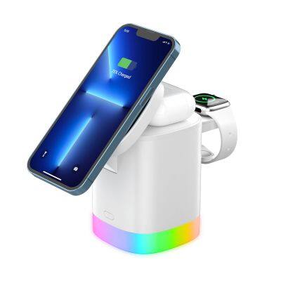 RGB LED Light 15W Fast Charging 3 in 1 Foldable Magnetic Stand Dock Wireless Phone Charger for iPhone 15 14 13