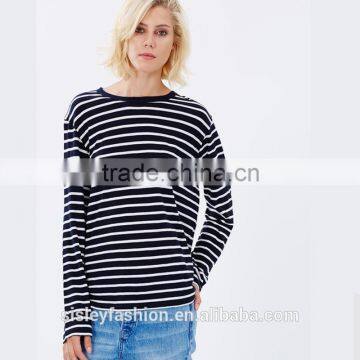 Women hot sale 100%cotton comfortable women's fashion long sleeve stripe t shirt with wholesale price TS029