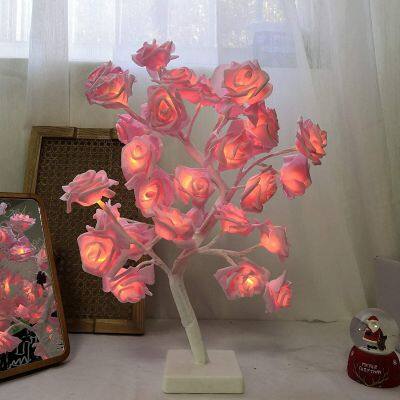 Plastic Rose Flowers LED Tree Table Lamps 24Led Rose Table Gift for Girls Woman Home Decor Battery Powered decorative flowers