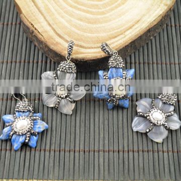 LFD-007P ~ Druzy Agate/Lapis lazuli Stone With Pearl Pave Rhinestone Plum Shape Pendants For Necklace Jewelry Finding