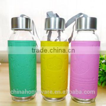 promotion new item single-deck water glass bottle with Stainless Steel lid&Leather cover