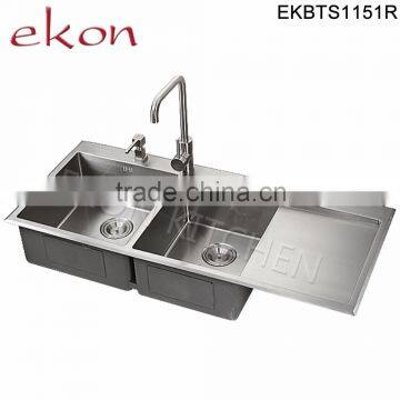 Top Mount Handmade Stainless Steel Double Bowl Kitchen Sink With Drainboard