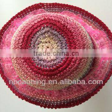 girls summer fashion straw hat/cross stripe paper straw hat with lace