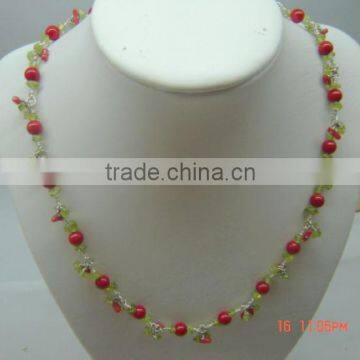 Fashion necklac red coral with peridot round beads with chips necklace jewelry